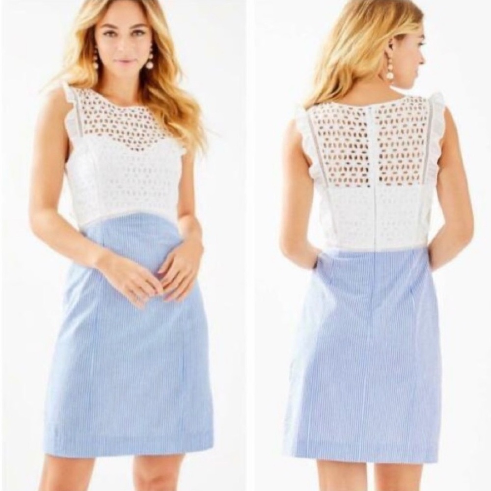 Lilly Pulitzer White Eyelet Top with Blue Pinstripe A-Line Skirt